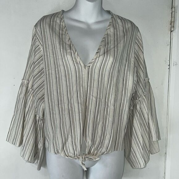 ANTHROPOLOGIE LAVENDER FIELD Linen Blend Striped Bell Sleeve V Neck Top-M - Picture 1 of 8